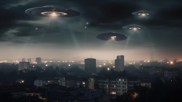 Invasione aliena UFO che vola sopra la città