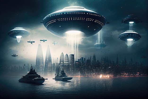 Invasione di UFO con navi che scendono e prendono posizione sulle principali città create con l'IA generativa