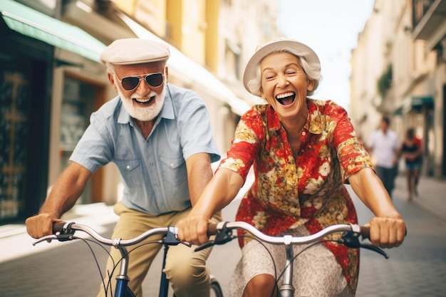 Invecchiamento attivo Coppia matura godendo di un sano giro in bicicletta