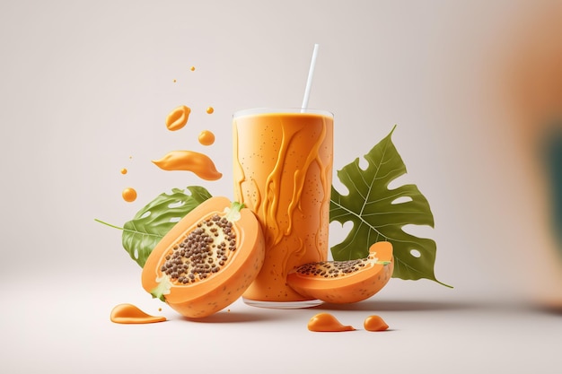 Inventivo frullato di papaya design Disporre la nozione piatta di cibo Papaia su uno sfondo bianco