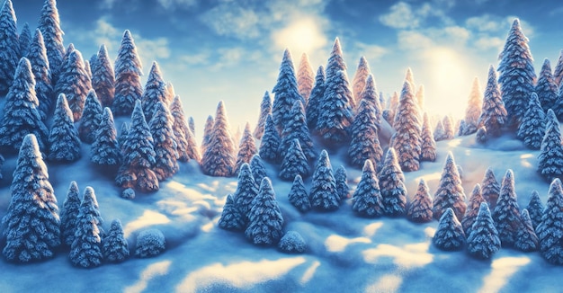 Inverno in montagna abete abete nella neve Alba in inverno una zona boscosa all'alba alba nei raggi del sole Albero di Natale paesaggio 3d illustrazione