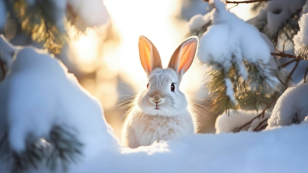 Inverno innevato bellissimo coniglio bianco nella foresta di conifere foto in close-up al mattino soleggiato
