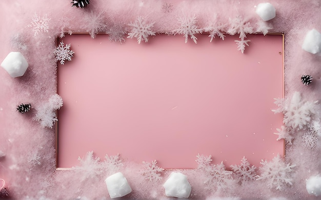 Inverno Natale sfondo rosa modello di cornice fatta di neve con fiocchi di neve e cristalli di ghiaccio su rosa