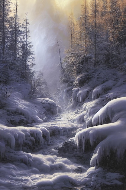 Inverno nei boschi con alberi innevati e uno spettacolare paesaggio montano illuminato dalla luce del sole