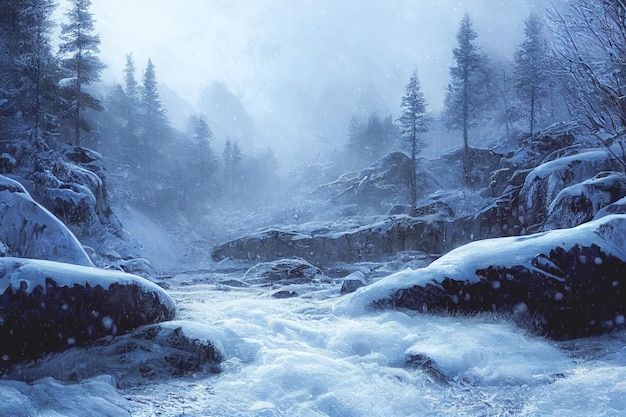 Inverno nei boschi con alberi innevati e uno spettacolare paesaggio montano illuminato dalla luce del sole