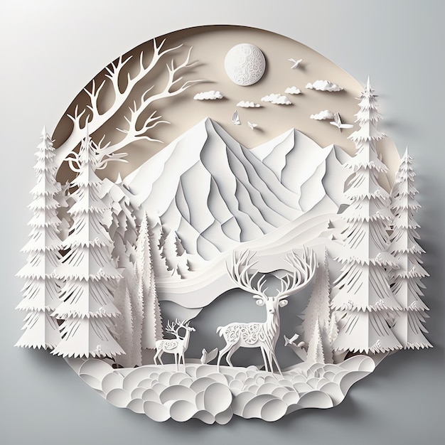 Inverno neve foresta paesaggio carta tagliata illustrazione 3D