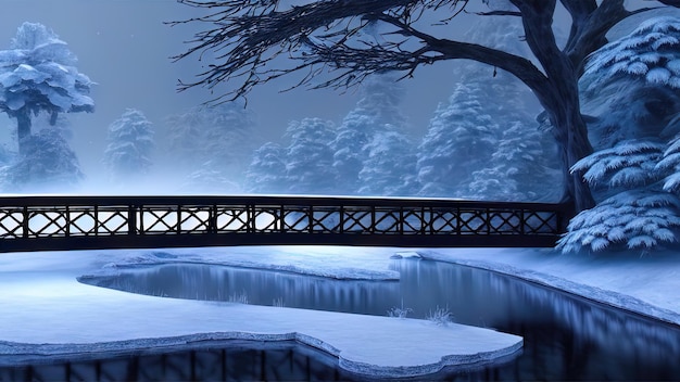 Inverno nevoso parco Il ponte sul fiume ghiacciato alberi di ghiaccio Frosty tramonto illustrazione 3D