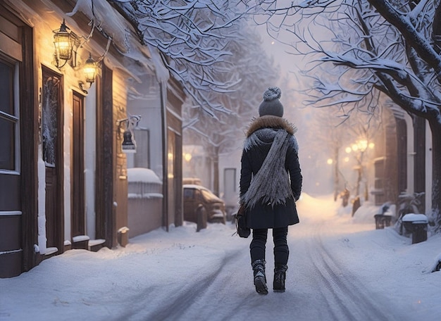 inverno strada neve a piedi ragazza