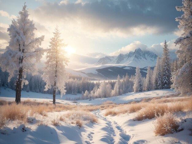 Inverno sulle montagne abete albero di abete nella neve alba in inverno una zona boscosa all'alba alba nei raggi