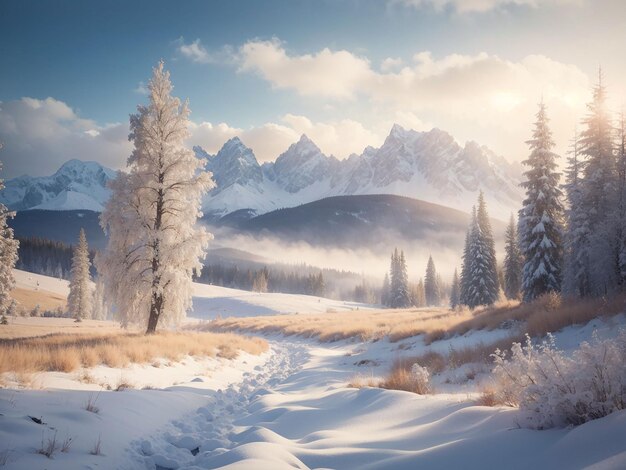 Inverno sulle montagne abete albero di abete nella neve alba in inverno una zona boscosa all'alba alba nei raggi