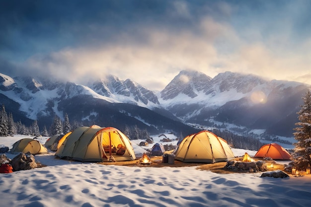 inverno Tenda turistica in accampamento tra prato in montagna all'alba