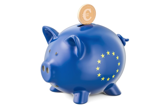 Investimenti nell'Unione europea Piggy bank con bandiera e monete d'oro in euro concetto di attività rendering 3D