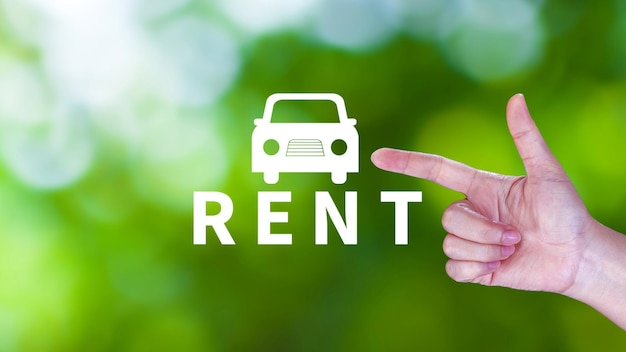 Investimento nel trasporto di veicoli e mutuo per auto concetto finanziario Realtors mette a mano con l'icona auto e la parola RENT Rent a car