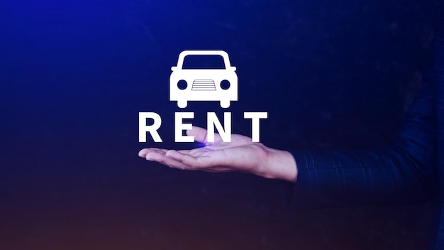 Investimento nel trasporto di veicoli e mutuo per auto concetto finanziario Realtors mette a mano con l'icona auto e la parola RENT Rent a car