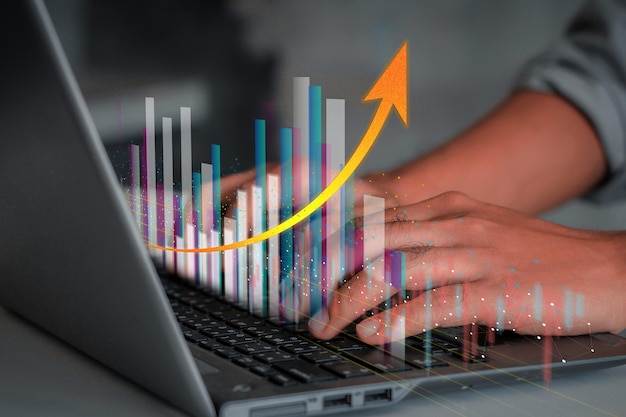 Investitore in tecnologia di finanza aziendale e trading di investimenti. Fondi di investimento in borsa e asset digitali. uomo d'affari che analizza i dati finanziari del grafico commerciale forex.