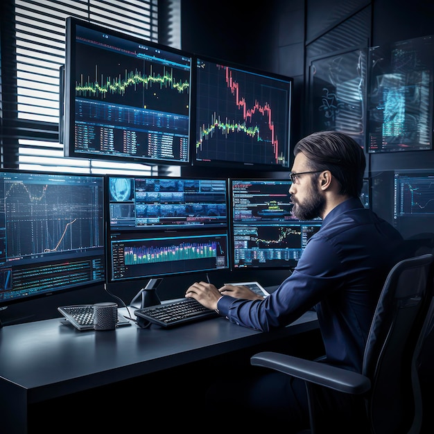 Investitore professionista seduto sulla scrivania e guardare grandi schermi di grafici di trading