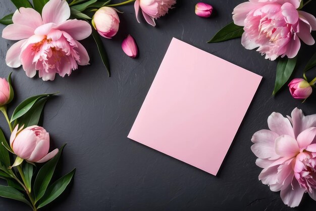 Invito a mock-up carta bianca biglietto di auguri peonie rosa su tavolo di pietra nera