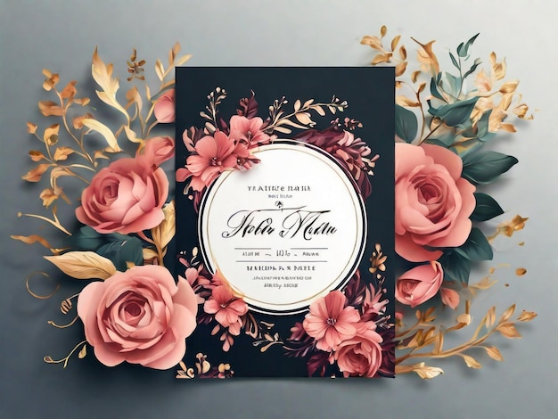 Invito a nozze modello di biglietto florale di lusso con rose anemone e foglie bouquet da sposa RSVP Salva la data Menu card design Geometrica cornice dorata Greeting card elegante design vettoriale