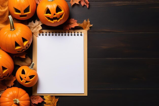 Invito con vista dall'alto alla festa di Halloween su un notebook con sfondo in legno di zucche e foglie