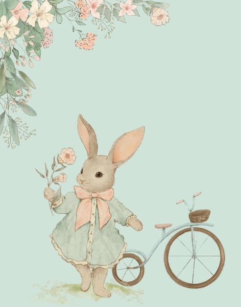 invito di carta di vacanza per la vacanza con un disegno floreale in colori pastello con un coniglio