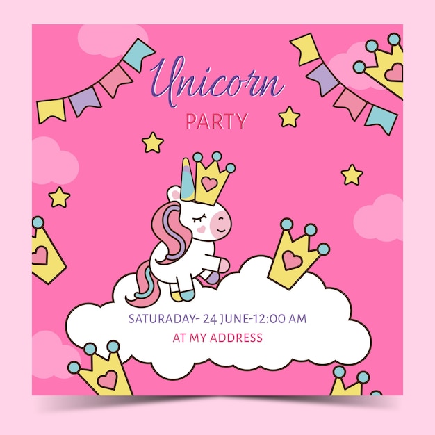 Invito di compleanno unicorno carino con corone in vettore