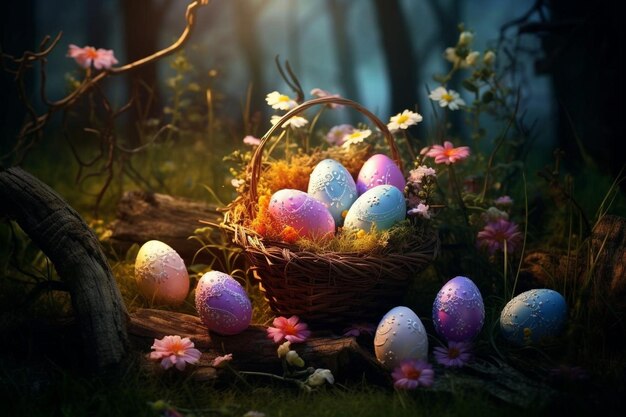 Invito di Pasqua con uova e margherite su sfondo blu con spazio per la copia