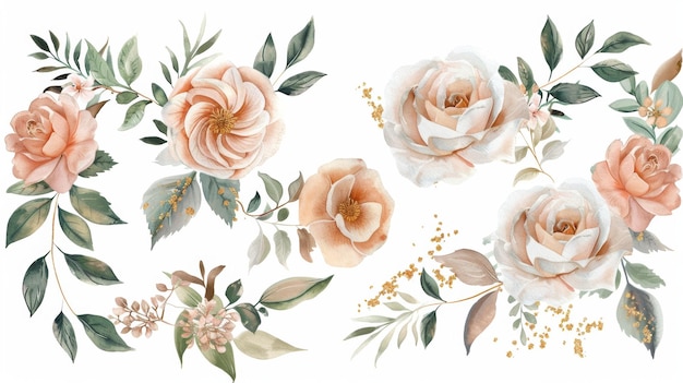 Invito floreale moderno con biglietto di ringraziamento acquerello design set giardino fiore rosa pesca rosa anemone bianco foglie verde elegante luccichio dorato