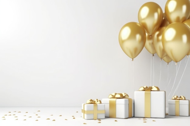 Invito per una festa con spazio vuoto, palloncini dorati e bianchi e regali Concetto di buon compleanno Illustrazione AI generativa