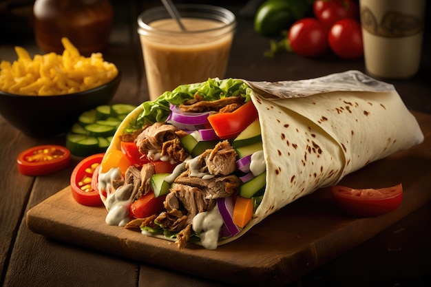 Involtini di shawarma di pollo ripieni di salsa di verdure e condimenti creati con intelligenza artificiale generativa