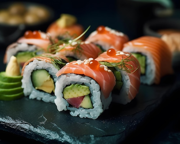 Involtini di sushi colorati con tonno salmone e avocado IA generativa
