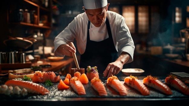 involtini di sushi nelle mani di uno chef IA generativa