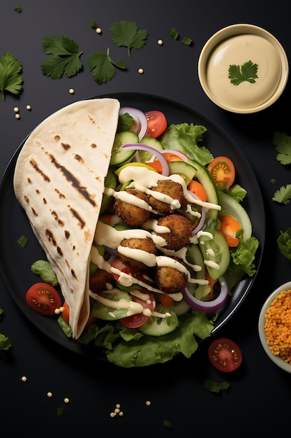 Involucro di falafel con salsa hummus tahini Colori mediterranei Sito web di layout della cultura culinaria dell'India
