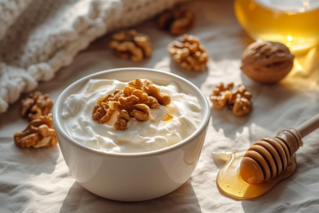 Iogurt greco con miele e noci in una ciotola colazione sana IA generativa