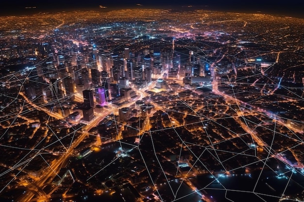 IoT o internet delle cose e concetto di città intelligente con sfondo del paesaggio urbano notturno di tonalità blu