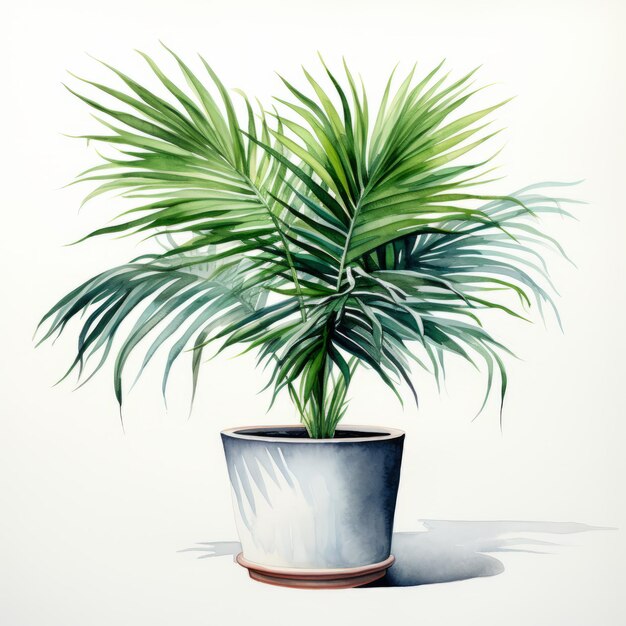 Iperrealismo preciso illustrazione ad acquerello di palma in vaso bianco