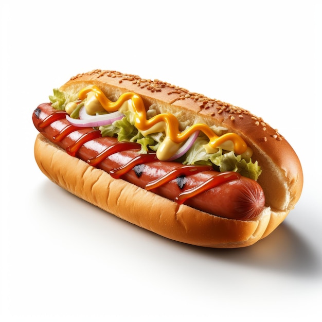 Iperrealistico Hot Dog ripieno Rendering fotorealistico con illuminazione ad alta chiave