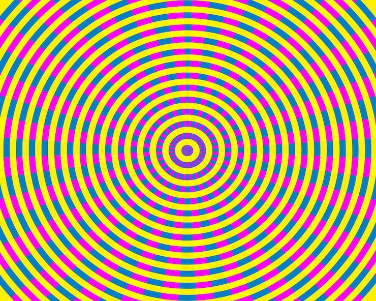 Foto ipnotici astratti psichedelici multicolori giallo arancione magenta blu piccolo cerchio