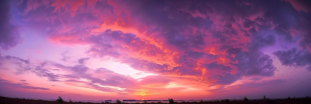 Ipnotizzante vista panoramica di un cielo al tramonto rosa e viola