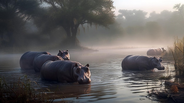 Ippopotamo che si crogiola nell'acqua Ippopotamo comune o aggressione dell'ippopotamo IA generativa