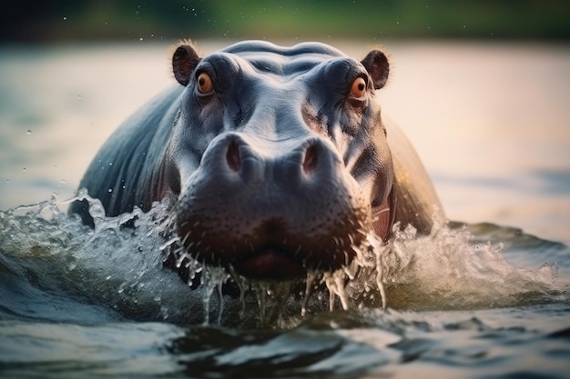 Ippopotamo selvatico che ruggisce nell'acqua