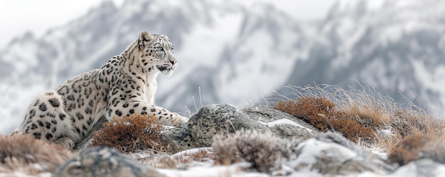 Irbis leopardo delle nevi bianco in montagna in natura nell'inverno innevato in