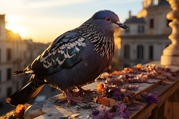 Iridescent Pigeon osserva la città tra i grattacieli storici al tramonto generative IA