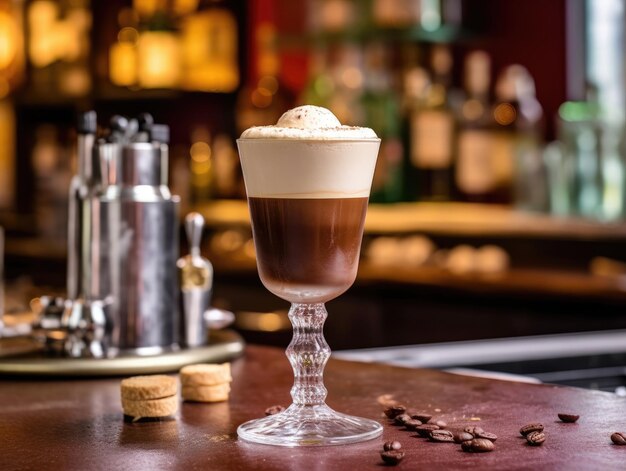 Irish Coffee Cocktail su un bancone bar IA generativa