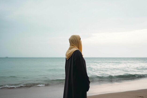 irriconoscibile Donna in hijab in piedi sulla spiaggia guardando l'orizzonte