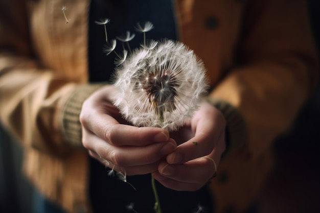 irriconoscibile Mani di donna che tengono con amore un fiore di tarassaco Concetto di primavera e desideri di vita