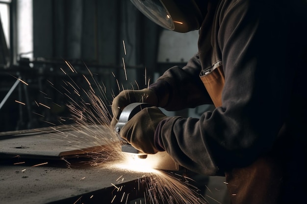 irriconoscibile Metal lavoratore utilizzando una smerigliatrice