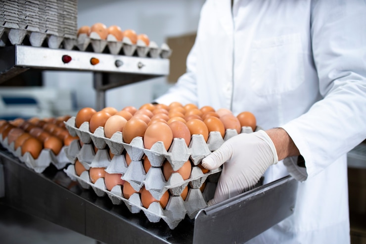 Irriconoscibile operaio di fabbrica alimentare in camice bianco e guanti igienici che tengono casse piene di uova fresche pronte per l'imballaggio e la distribuzione.