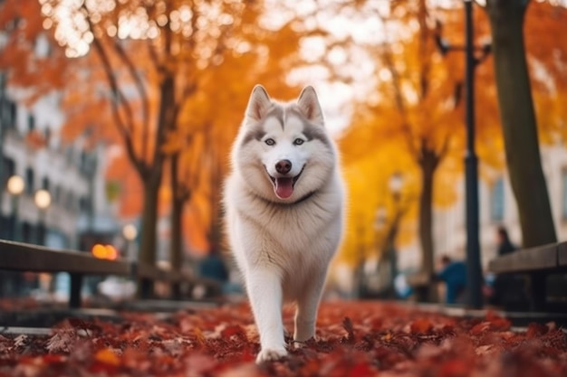 Irriconoscibile un cane corre veloce nel parco cittadino in autunno