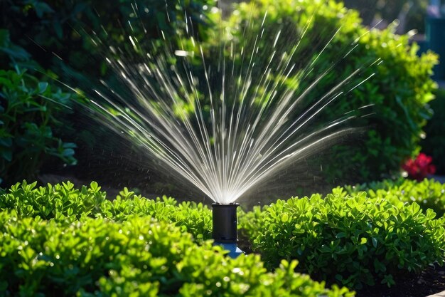 Irrigatore automatico spruzza getti d'acqua sui cespugli e sul prato sotto la luce solare cura del giardino