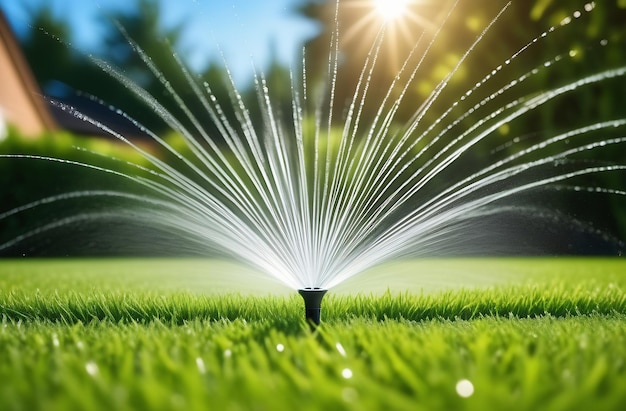 Irrigazione automatica dell'erba verde con sprinkler per prato